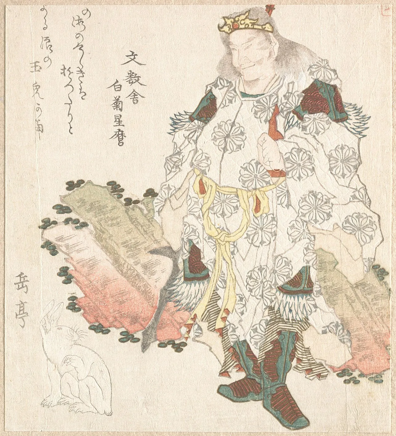 Woodblock print: a richly robed prince carrying a large bag, with a small white hare at his feet.