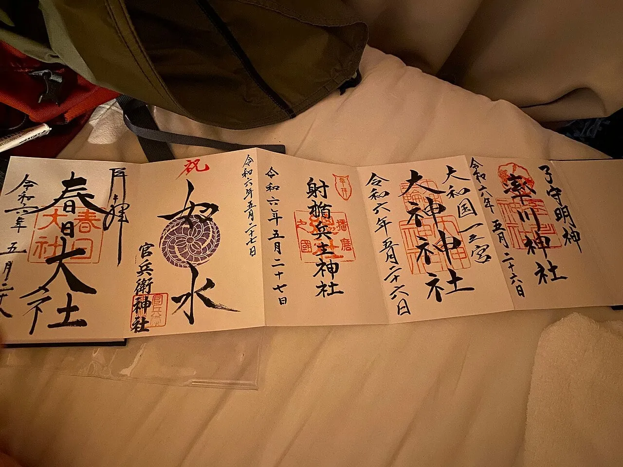 An open folding book showing five goshuin side by side.