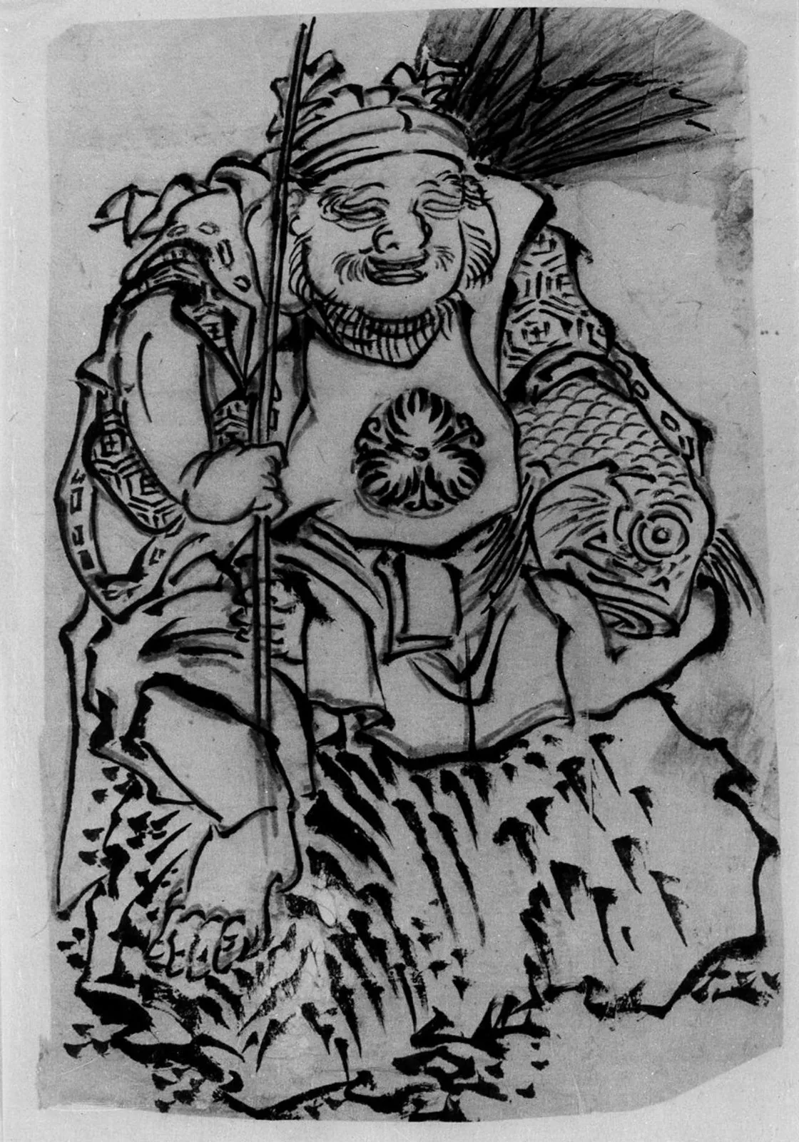 Ink drawing of a smiling Ebisu in a tall hat, holding a fishing rod with a large fish under his arm.