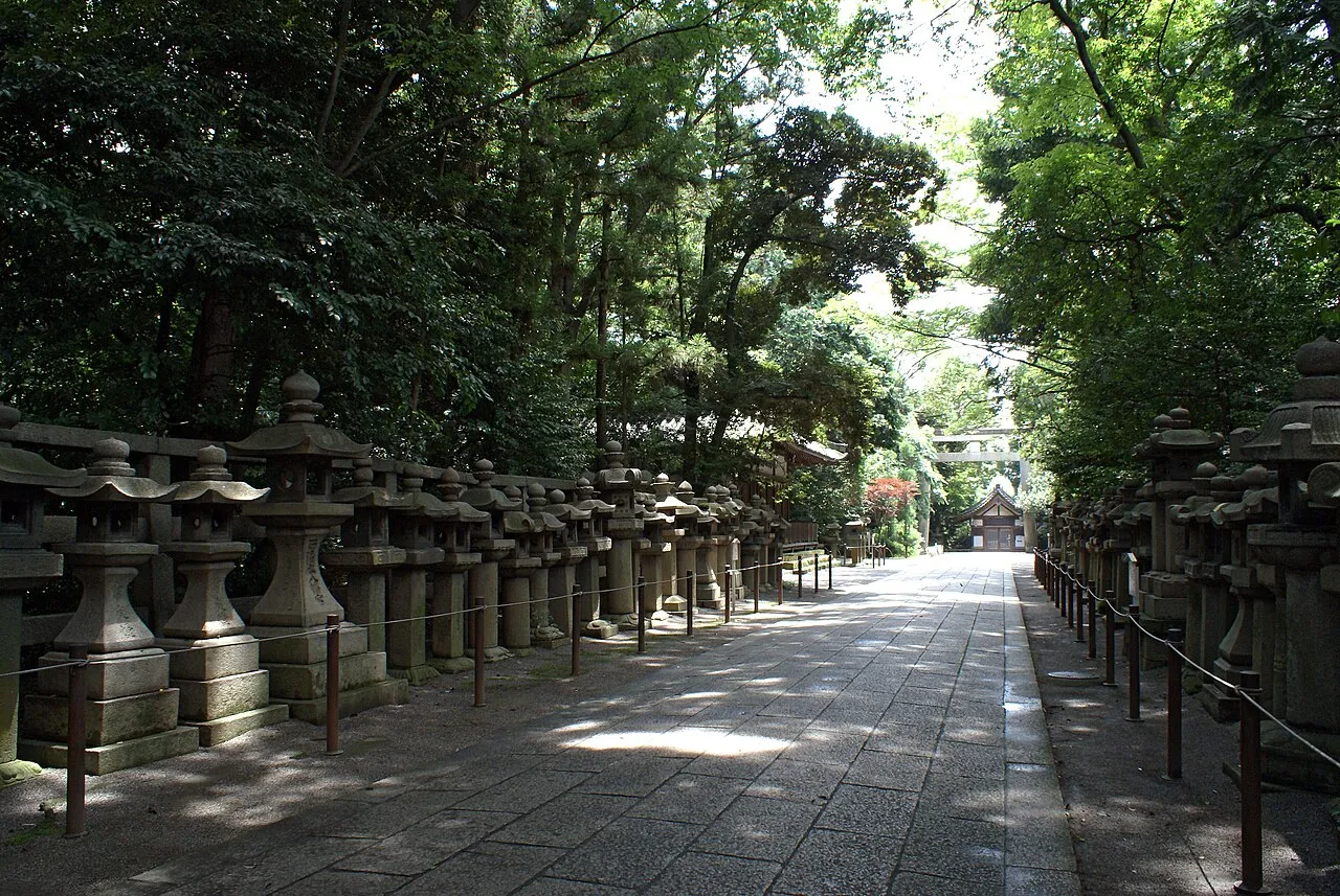 A stone-paved path lined with stone lanterns through a shady forest at Iwashimizu Hachimangū.