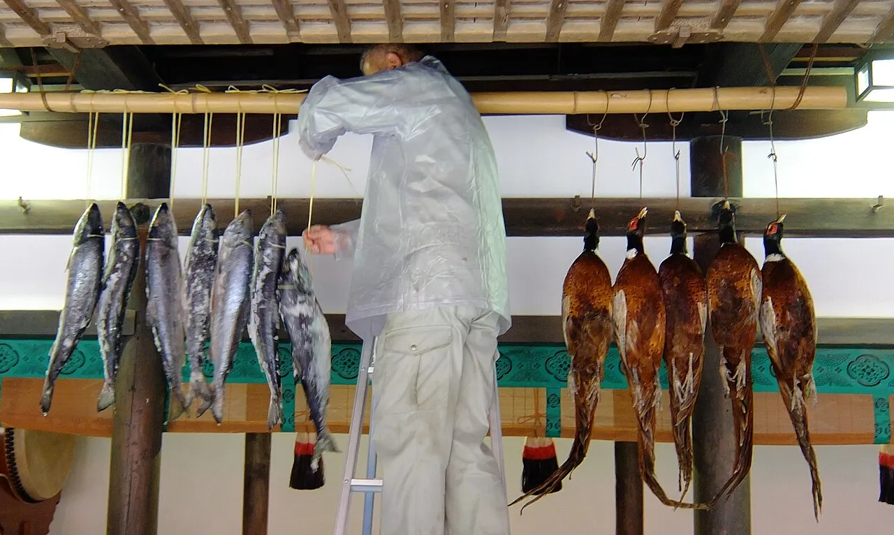 Salted salmon and pheasants hung as offerings on a wooden frame, with a man in white robes arranging them.
