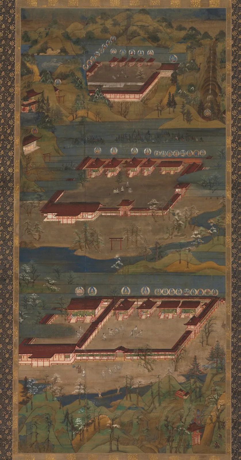 Hanging scroll: three shrine compounds stacked one above another in a landscape of green hills.