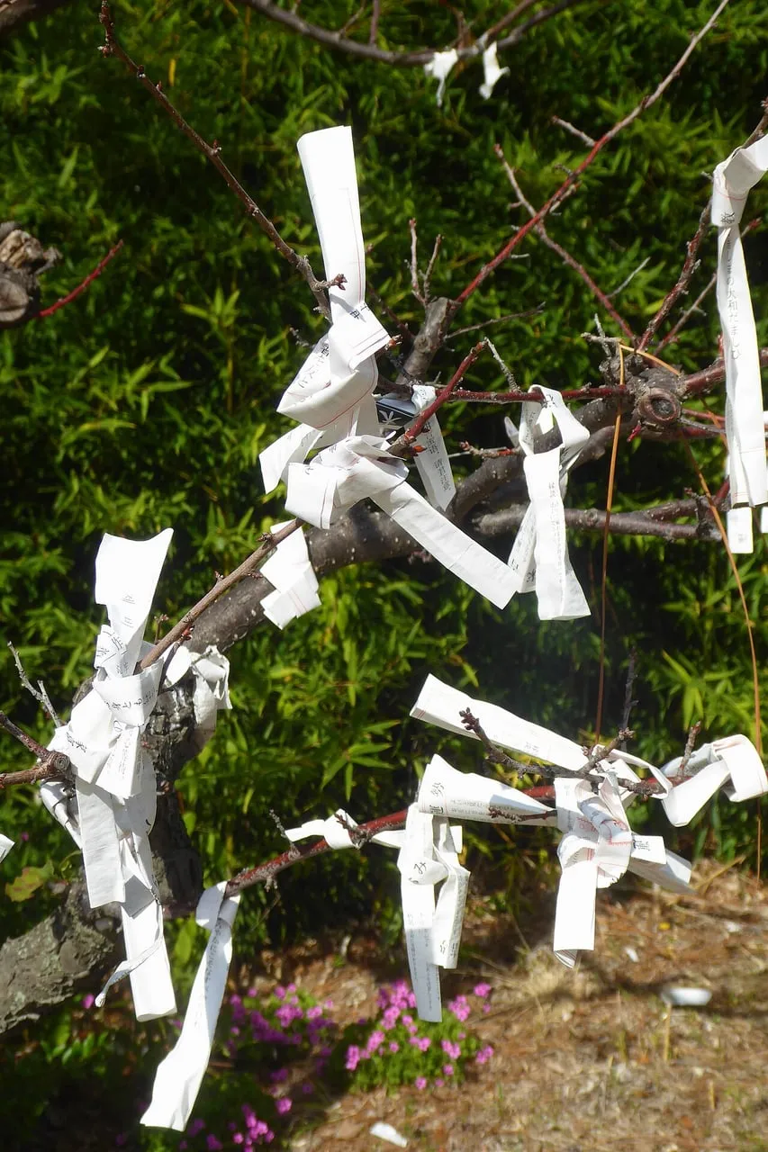 Folded white paper fortunes tied to the bare branches of a small tree.