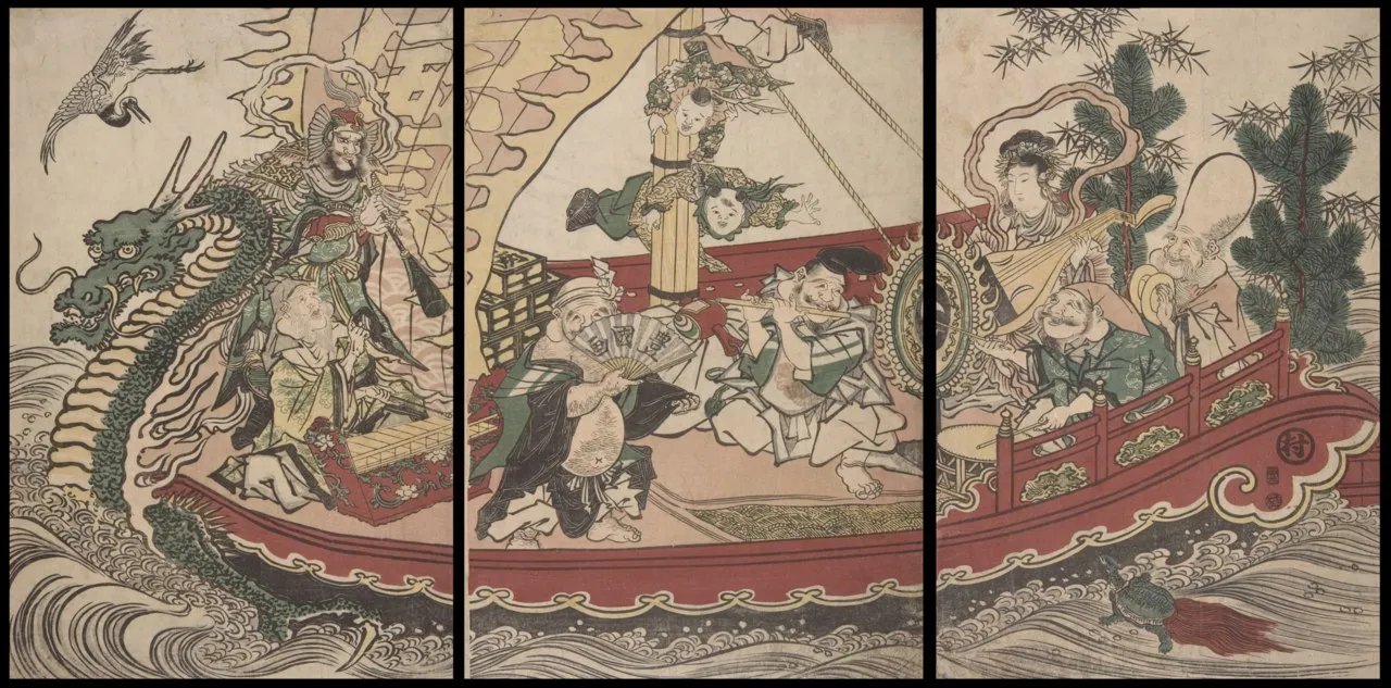 Woodblock triptych: the Seven Lucky Gods ride a red treasure ship over the waves, with a dragon prow, a crane in the sky and a turtle in the sea.