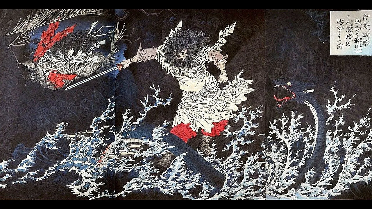 Woodblock triptych: Susanoo, sword raised, stands in crashing waves as the eight-headed serpent rears from the water.